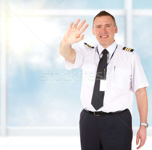 Foto stock: Aerolínea · piloto · alegre · uniforme