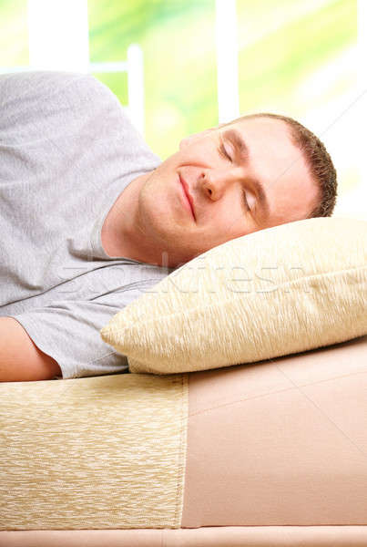 Człowiek snem poduszkę głowie sofa Zdjęcia stock © Amaviael