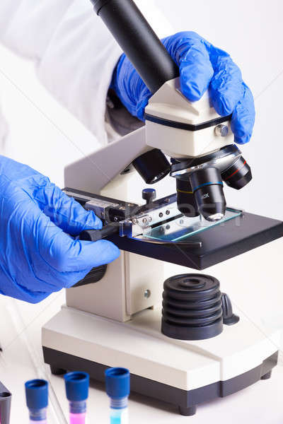 Foto stock: Laboratório · equipamento · lab · técnico · trabalhando · microscópio