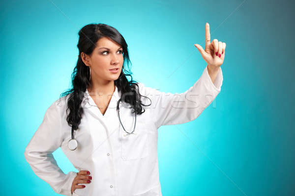 Foto stock: Medicina · médico · senalando · algo · dedo · mujeres