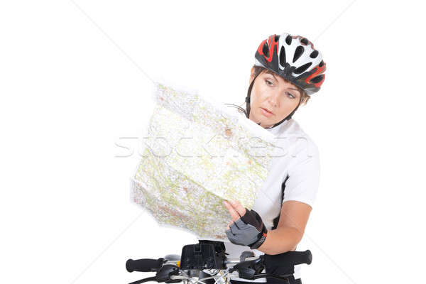 Foto stock: Nina · ciclista · moto · mirando