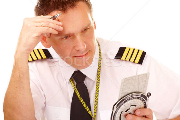 Stock foto: Fluggesellschaft · Pilot · Flug · Computer · tragen · Krawatte
