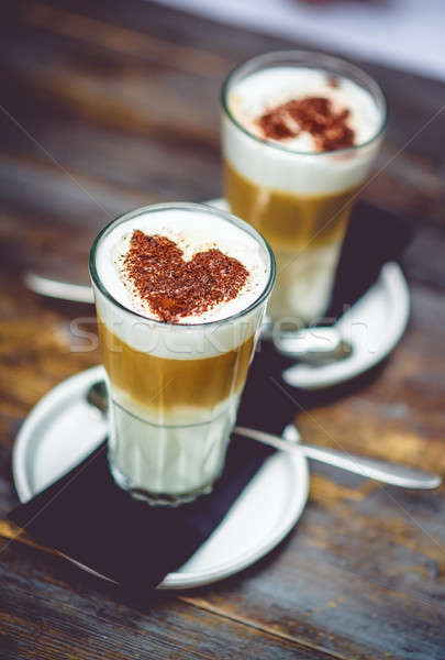 [[stock_photo]]: Cappuccino · chocolat · coeur · bois · café · verre