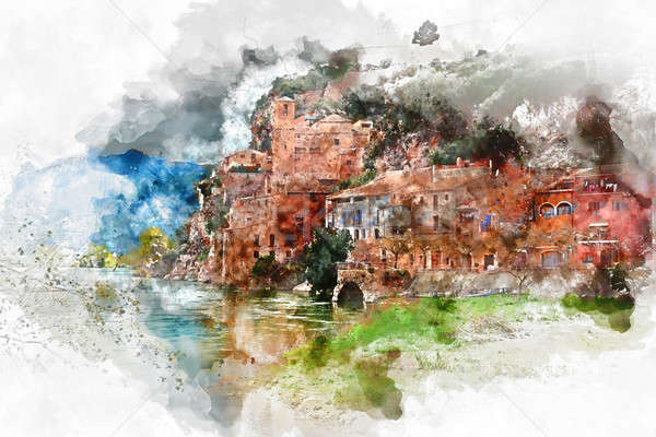 Digital watercolor painting of Miravet village. Spain Stock photo © amok
