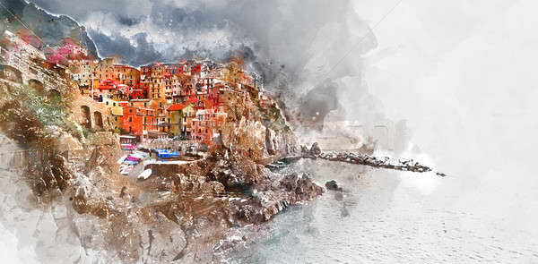 Stockfoto: Digitale · aquarel · schilderij · Italië · klein · kust