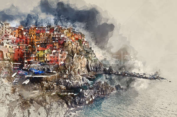 Digital watercolor painting of Manarola. Italy Stock photo © amok