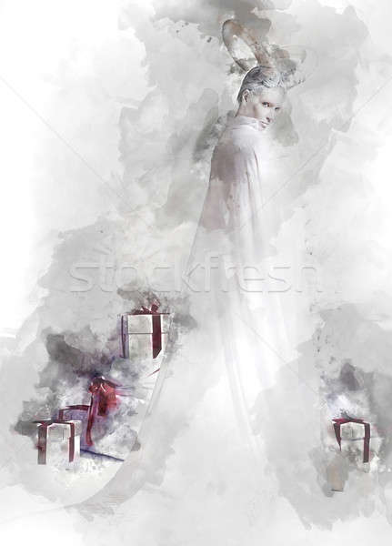 Horned woman and heap of gift boxes. Digital watercolor painting. Stock photo © amok