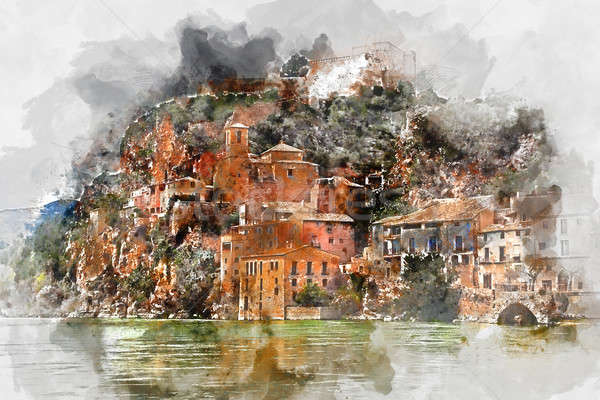 Digital watercolor painting of Miravet village. Spain Stock photo © amok