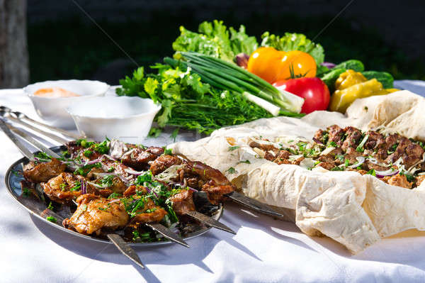 Shashlik with lavash and vegetables Stock photo © amok