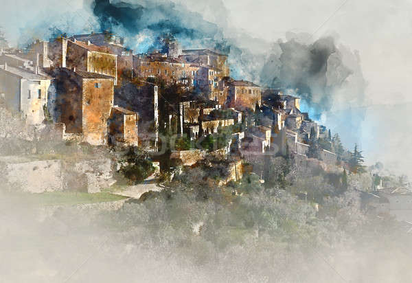 Digital watercolor painting of Gordes, is a very beautiful hilltop village in France Stock photo © amok