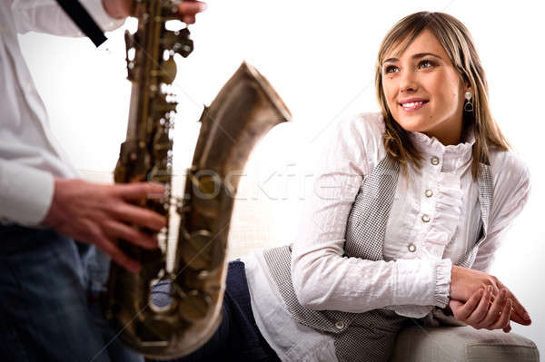 Stockfoto: Man · saxofoon · vriendin · vrouw · meisje · liefde