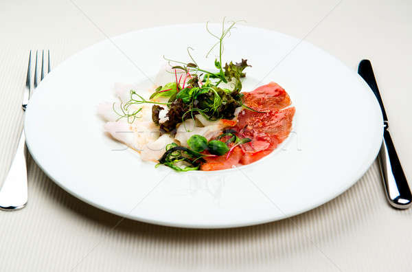 Fekete tonhal jalapeno vacsora tányér villa Stock fotó © amok