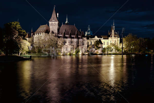 Night view of Vajdahunyad castle from lakeside. Budapest, Hungary Stock photo © amok
