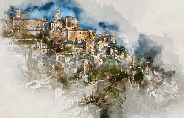 Digital watercolor painting of Gordes, is a very beautiful hilltop village in France. Provence-Alpes Stock photo © amok