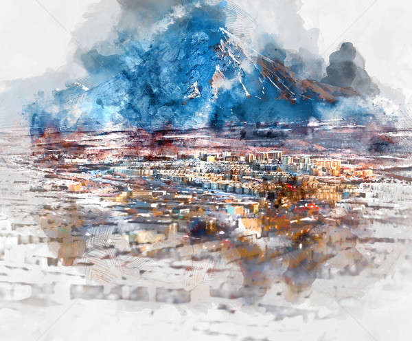 Cityscape wulkan daleko Rosja cyfrowe akwarela Zdjęcia stock © amok