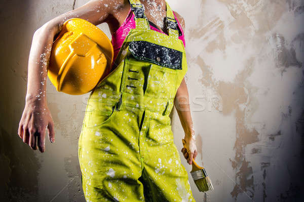 Vrouwelijke penseel veiligheidshelm verouderd witte Stockfoto © amok