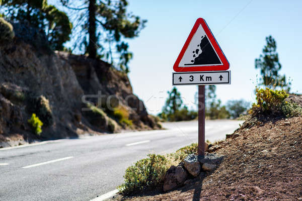 Falling rocks sign. Road to Teide volcano. Tenerife, Canary Islands Stock photo © amok