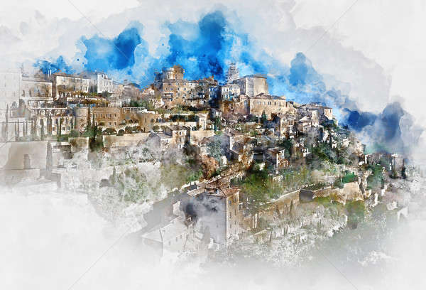 Digital watercolor painting of Gordes, is a very beautiful hilltop village in France. Provence-Alpes Stock photo © amok