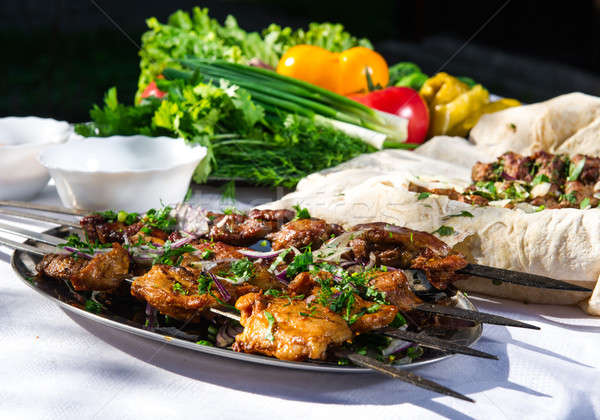 Shashlik with lavash and vegetables Stock photo © amok