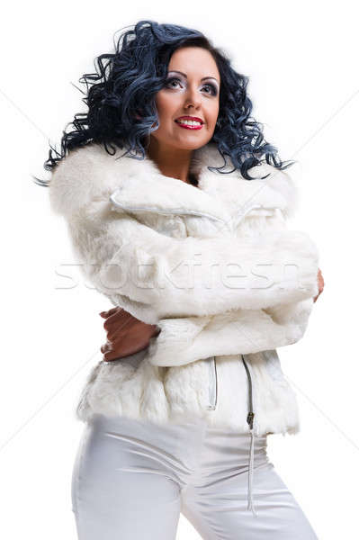 Güzel esmer beyaz kürk kadın gülümseme Stok fotoğraf © amok
