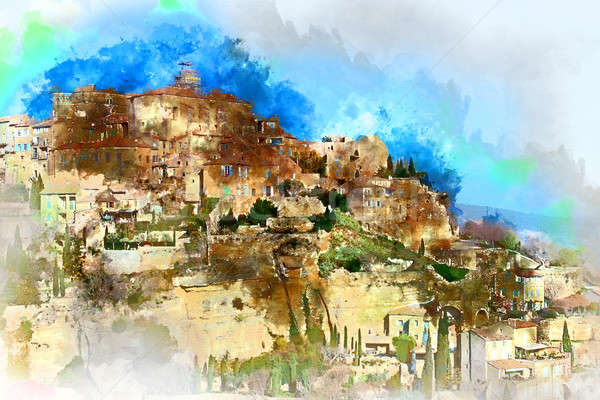 Digital watercolor painting of Gordes, is a very beautiful hilltop village in France. Provence-Alpes Stock photo © amok