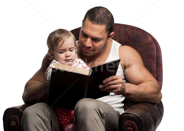 Apa olvas könyv lánygyermek izolált fehér Stock fotó © amok
