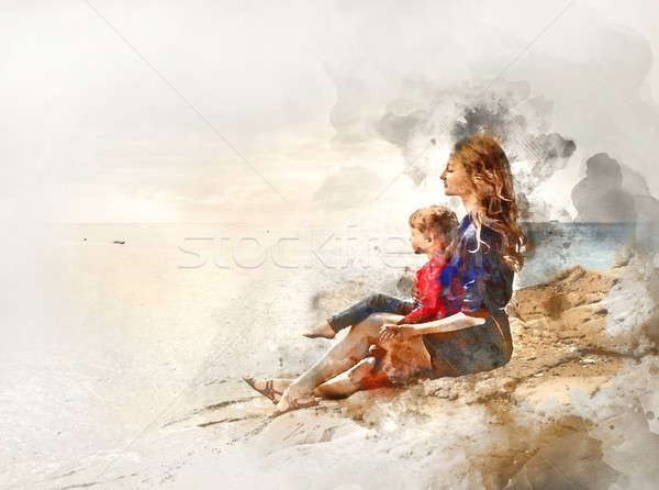 Digital watercolor painting of a mother and daughter Stock photo © amok