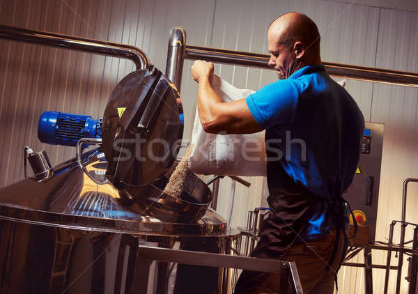 Stock photo: Brewer in brewhouse pouring out the malt to the tank