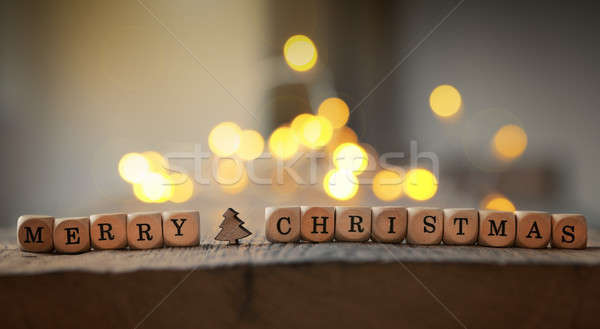 Stockfoto: Vrolijk · christmas · woorden · houten · tafel · wazig · lichten