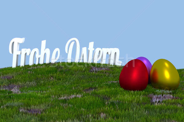 Vrolijk pasen groen gras woorden drie gekleurde eieren Pasen Stockfoto © andreasberheide