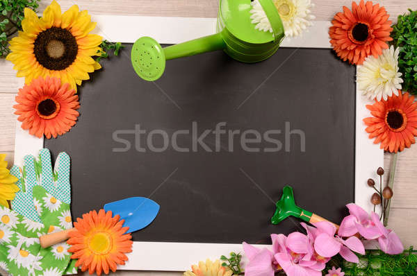 Gartenarbeit Tafel Garten Werkzeuge farbenreich Blumen Stock foto © andreasberheide