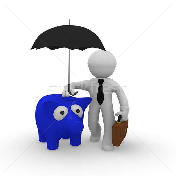 Foto stock: Dinheiro · o · homem · 3d · guarda-chuva · azul · piggy · bank · abstrato