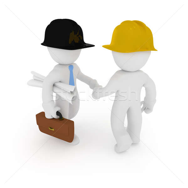 [[stock_photo]]: Serrer · la · main · face · deux · 3D · travailleur · de · la · construction · serrer · la · main