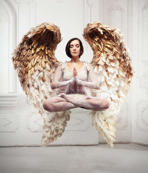 Fiatal nő jóga lebegés meditáció tárgyak repülés Stock fotó © andreonegin
