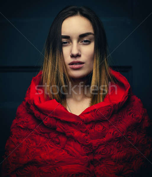Stock photo: beautiful woman red cloak with red flowers roses in studio