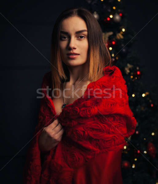 Schöne Frau rot Mantel roten Blumen Rosen Studio Stock foto © andreonegin