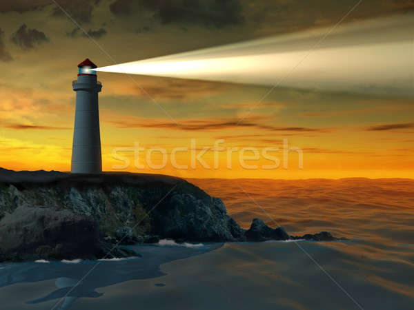 [[stock_photo]]: Phare · coucher · du · soleil · illustration · numérique · plage · lumière · orange