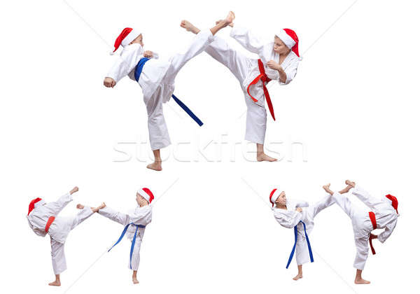 Collage boys in cap of Santa Claus are beating kick leg Stock photo © Andreyfire