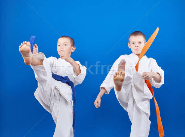 Two athletes in karategi beats blows leg Stock photo © Andreyfire