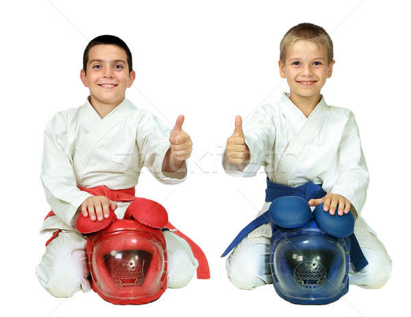 Stock foto: Karate · Kinder · sitzen · Ritual · darstellen · Helme