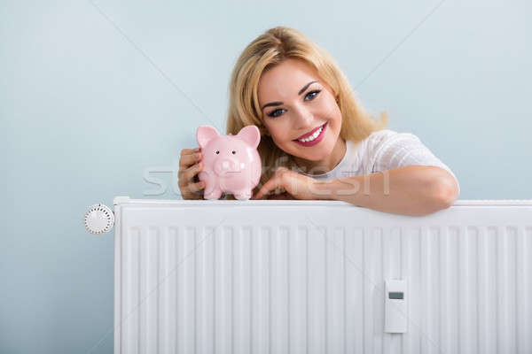 Stock foto: Glücklich · Frau · Sparschwein · Heizkörper · jungen · home