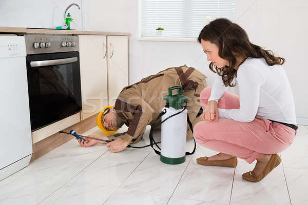 Woman And Worker With Pesticide Sprayer Stock photo © AndreyPopov