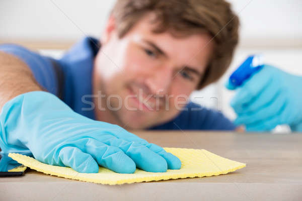 Stockfoto: Werknemers · hand · schoonmaken · rubberen · handschoenen
