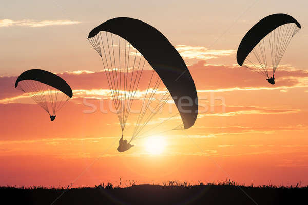 Silhouette Of Paragliders At Sunset Stock photo © AndreyPopov