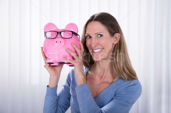 Foto stock: Sorrindo · sorridente · mulher · madura · rosa