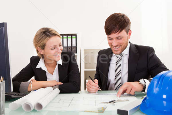 Stockfoto: Jonge · werk · aantrekkelijk · werken · blauwdruk · computer