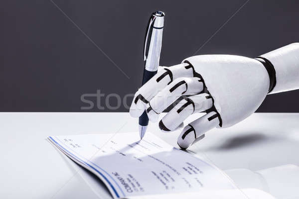 Robot ondertekening cheque foto hand pen Stockfoto © AndreyPopov