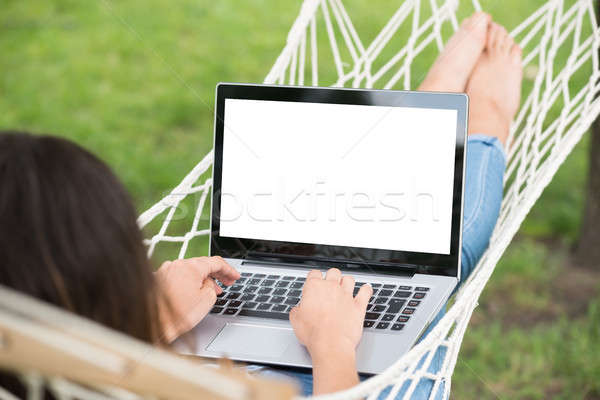 女子 吊床 使用筆記本電腦 微笑 年輕女子 微笑 商業照片 © AndreyPopov