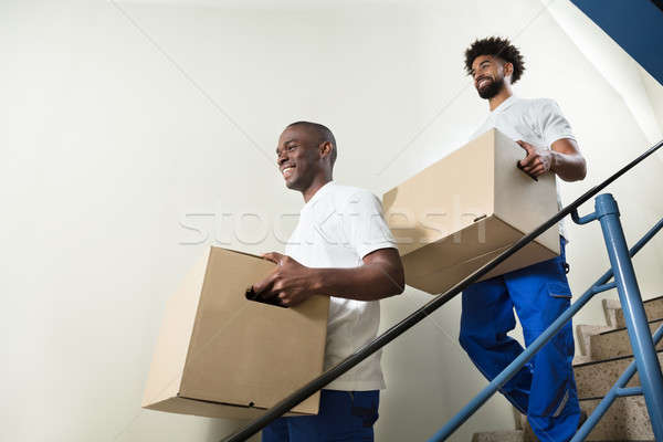 Foto stock: Retrato · dois · cartão · caixas · jovem