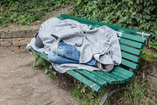 Hajléktalan férfi alszik pad pléd természet Stock fotó © AndreyPopov